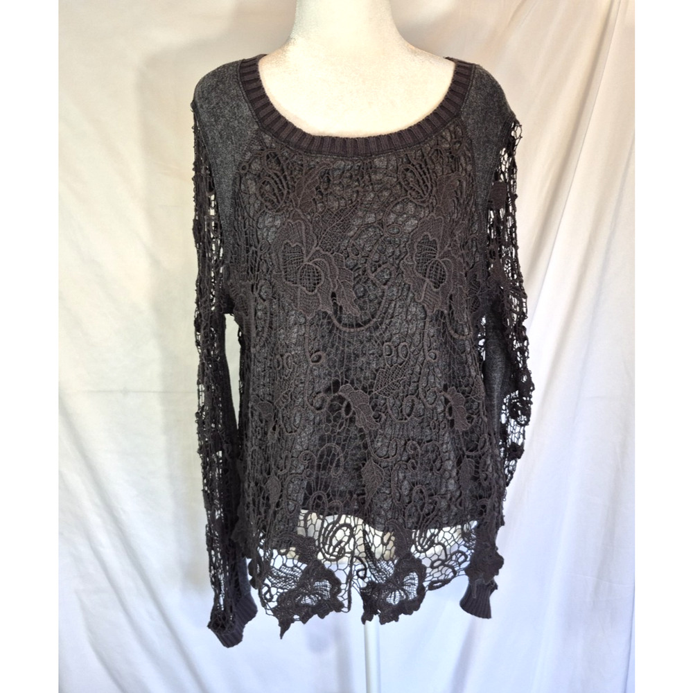 Free People Gray Womens Pretty Rad Lace Crochet Cutout Pullover Sweater Medium - Picture 3 of 8